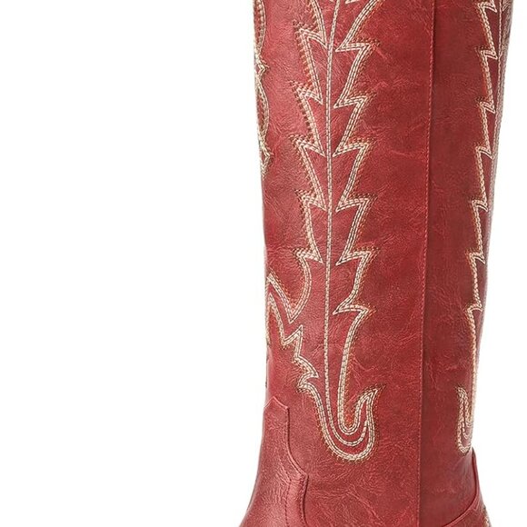 Women Cowboy Boots Faux Leather Red 8.66in Tall Pointed Toe Chunky Heel - Picture 1 of 5